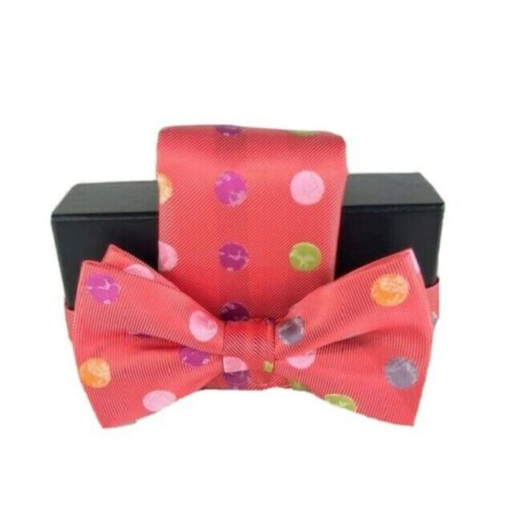 Barcelona Men's Bow Tie Hanky Set Coral Lime Green Pink Silver Polka Dots